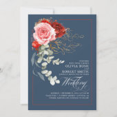 Burgundy Red Pink Flowers Boho Navy Blue Weddensch Kaart (Voorkant)