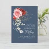 Burgundy Red Pink Flowers Boho Navy Blue Weddensch Kaart (Staand voorkant)
