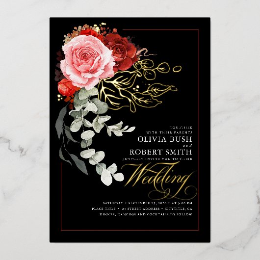 Burgundy Red Pink Flowers Eucalyptus Black Weddens Folie Uitnodiging (Voorkant)