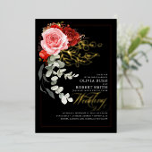 Burgundy Red Pink Flowers Eucalyptus Black Weddens Folie Uitnodiging (Staand Voorkant)