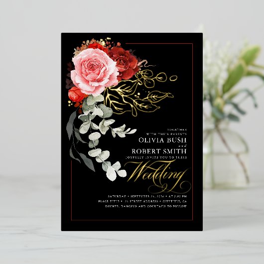 Burgundy Red Pink Flowers Eucalyptus Black Weddens Folie Uitnodiging (Staand Voorkant)