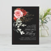 Burgundy Red Pink Flowers Eucalyptus Black Weddens Kaart (Staand voorkant)