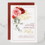 Burgundy Red Pink Flowers Eucalyptus Boho Wedding Folie Uitnodiging<br><div class="desc">Deze bruiloft is de perfecte combinatie van bloemen en groen, met een aanraking van echte gouden folie voor een ultra-romantisch vibe. De gedurfde rubberen rietjes, zachte pastelroze tinten en prachtige goudaccenten zullen uw grote dag nog een verfijnde elegantie geven! Deze mooie uitnodiging zit vol elegante stalen en creatieve stromingselementen. De...</div>