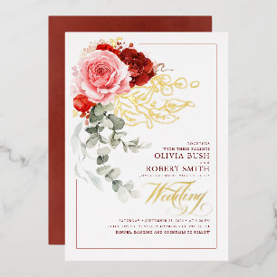 Burgundy Red Pink Flowers Eucalyptus Boho Wedding Folie Uitnodiging