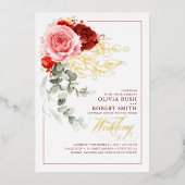 Burgundy Red Pink Flowers Eucalyptus Boho Wedding Folie Uitnodiging (Voorkant)