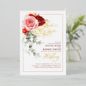 Burgundy Red Pink Flowers Eucalyptus Boho Wedding Folie Uitnodiging (Staand Voorkant)