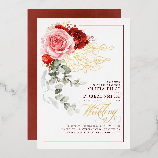 Burgundy Red Pink Flowers Eucalyptus Boho Wedding Folie Uitnodiging (Voorkant / Achterkant)