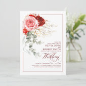 Burgundy Red Pink Flowers Eucalyptus Boho Wedding Kaart (Staand voorkant)