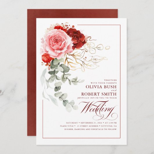 Burgundy Red Pink Flowers Eucalyptus Boho Wedding Kaart (Voorkant / Achterkant)