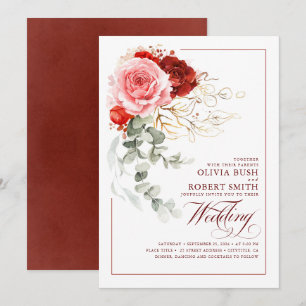 Burgundy Red Pink Flowers Eucalyptus Boho Wedding Kaart