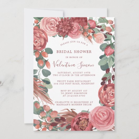 Burgundy Red Pink Peony Roos Floral Bridal Invitat Kaart (Voorkant)