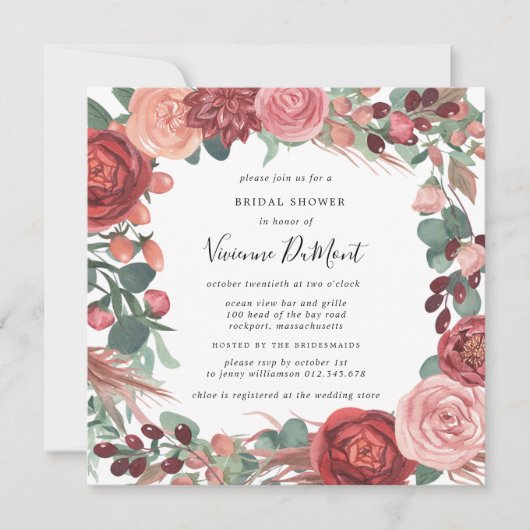 Burgundy Red Pink Peony Roos Floral Bridal Kaart (Voorkant)