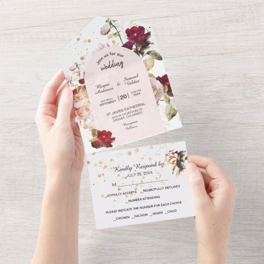 Burgundy Red Pink Rose Floral Foto All In One Uitnodiging (Afscheurbaar)