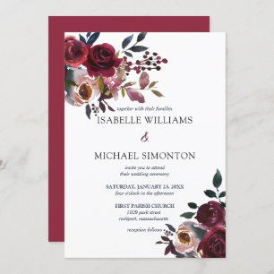Burgundy Red Pink Rose Floral Wedding Kaart