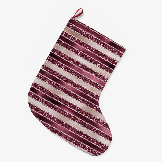 Burgundy Red Pink Rose Gold Glitter Stripes       Grote Kerstsok (Voorkant (Hangend))