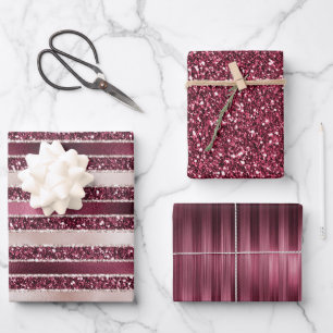 Burgundy Red Pink Rose Gold Glitter Stripes Inpakpapier Vel