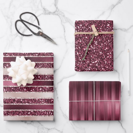 Burgundy Red Pink Rose Gold Glitter Stripes Inpakpapier Vel (Voorkant)