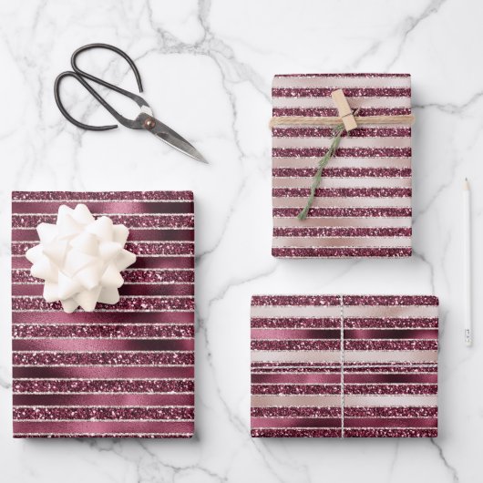 Burgundy Red Pink Rose Gold Glitter Stripes Inpakpapier Vel (Voorkant)