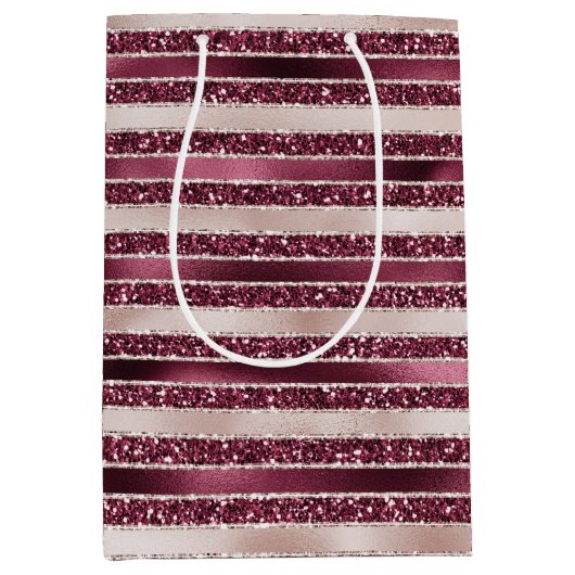 Burgundy Red Pink Rose Gold Glitter Stripes Medium Cadeauzakje (Voorkant)