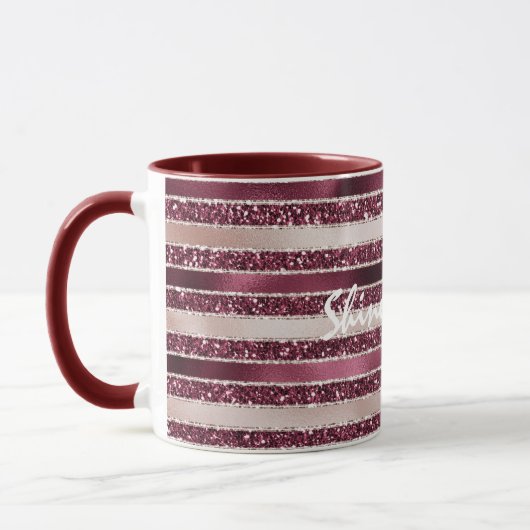 Burgundy Red Pink Rose Gold Glitter Stripes Mok (Links)