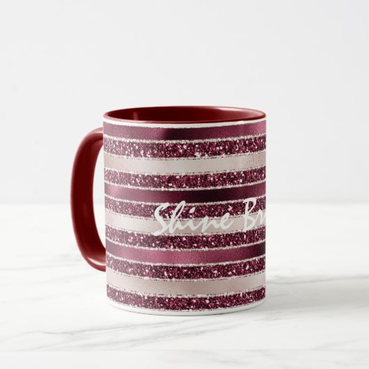 Burgundy Red Pink Rose Gold Glitter Stripes Mok (Voorkant links)