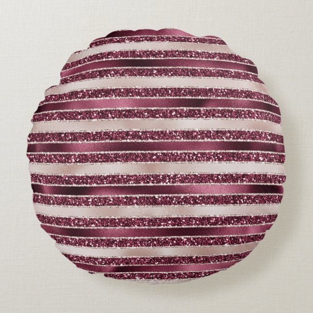Burgundy Red Pink Rose Gold Glitter Stripes Rond Kussen (Voorkant)