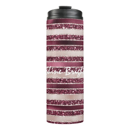 Burgundy Red Pink Rose Gold Glitter Stripes Thermosbeker (Voorkant)