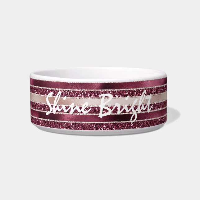 Burgundy Red Pink Rose Gold Glitter Stripes Voerbakje (Voorkant)
