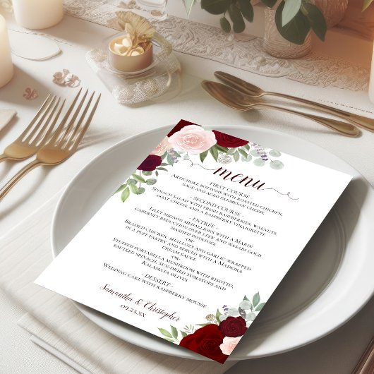 Burgundy Red & Pink Rustic Floral Elegant Wedding Menu