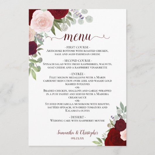 Burgundy Red & Pink Rustic Floral Elegant Wedding Menu (Voorkant)