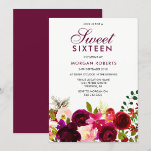 Burgundy Red Purple Flowers Floral Sweet 16 Invite Kaart