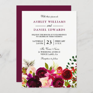 Burgundy Red Purple Flowers Floral Wedding Invite Kaart