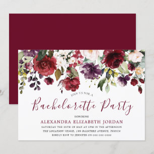 Burgundy Red Romantic Flowers Bachelorette Party Kaart