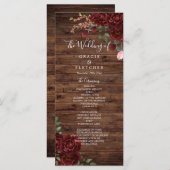 Burgundy Red Romantic Rozen Rustic Wood Weddenscha Programmakaart (Voorkant / Achterkant)