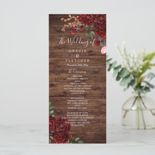 Burgundy Red Romantic Rozen Rustic Wood Weddenscha Programmakaart (Staand voorkant)