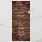Burgundy Red Romantic Rozen Rustic Wood Weddenscha Programmakaart (Voorkant)