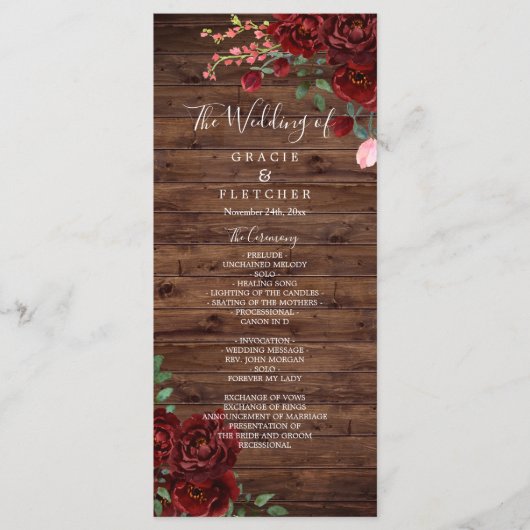 Burgundy Red Romantic Rozen Rustic Wood Weddenscha Programmakaart (Voorkant)