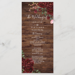 Burgundy Red Romantic Rozen Rustic Wood Weddenscha Programmakaart