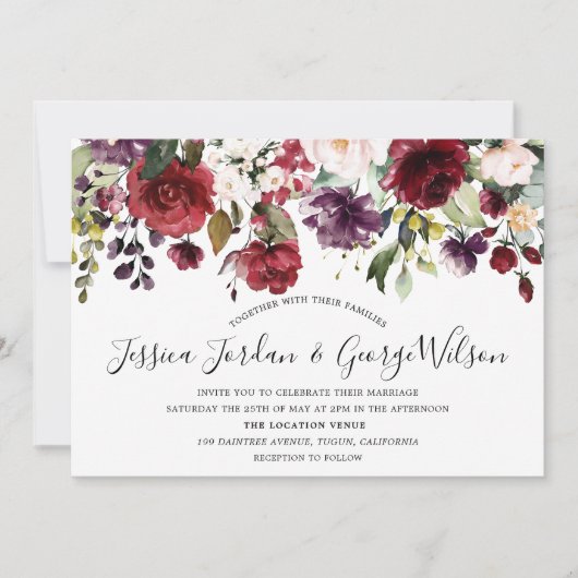 Burgundy Red Romantic Waterverf Flowers Weddenscha Kaart (Voorkant)
