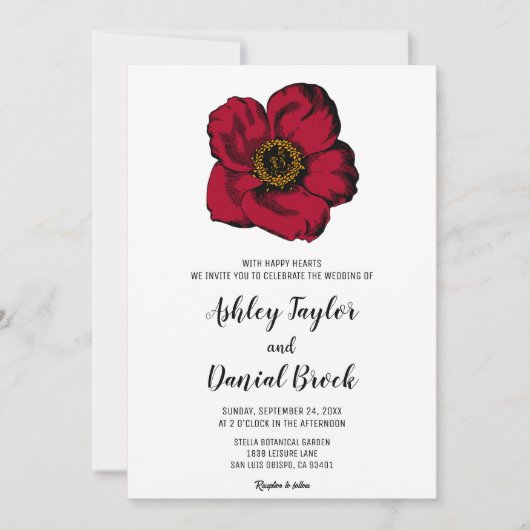Burgundy red roos simpel script floral Wedding Kaart (Voorkant)