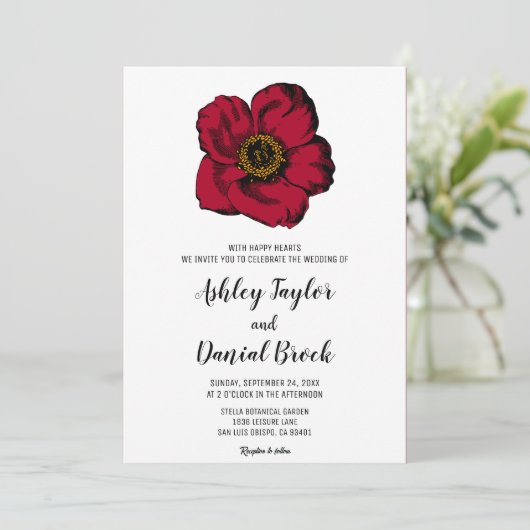 Burgundy red roos simpel script floral Wedding Kaart (Staand voorkant)