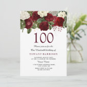 Burgundy Red Rose 100th Birthday Party Invite Kaart (Staand voorkant)