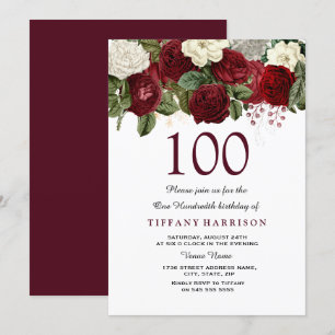 Burgundy Red Rose 100th Birthday Party Invite Kaart