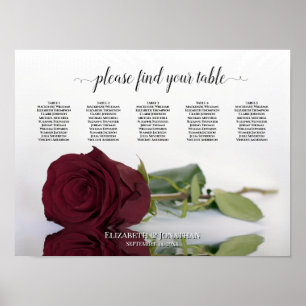 Burgundy Red Rose 5 Table Wedding Seding Chart Poster