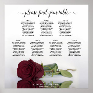 Burgundy Red Rose 7 Table Wedding Seding Chart Poster