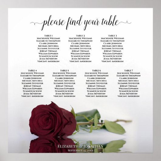 Burgundy Red Rose 7 Table Wedding Seding Chart Poster (Voorkant)