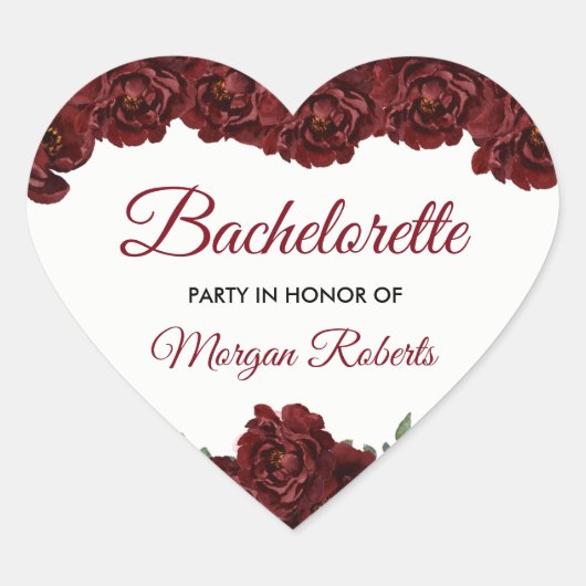 Burgundy Red Rose Bachelorette Party Hart Sticker (Voorkant)