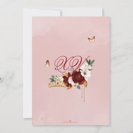 Burgundy Red Rose Butterfly Quinceanera Gold Tiara Kaart (Achterkant)