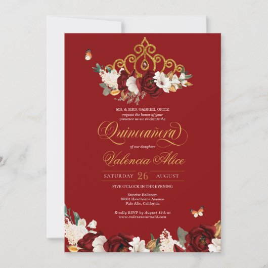 Burgundy Red Rose Butterfly Quinceanera Gold Tiara Kaart (Voorkant)