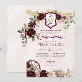 Burgundy Red Rose Elegant Charro Quinceanera Kaart